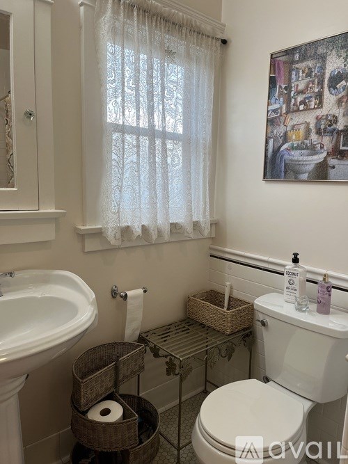 A bathroom with a toilet, sink, and a window with curtains.