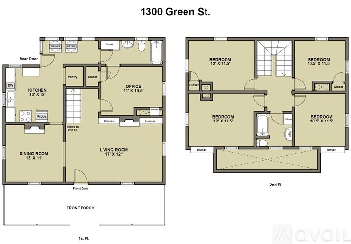 Floor plan of a two-story home at 1300 Green St.