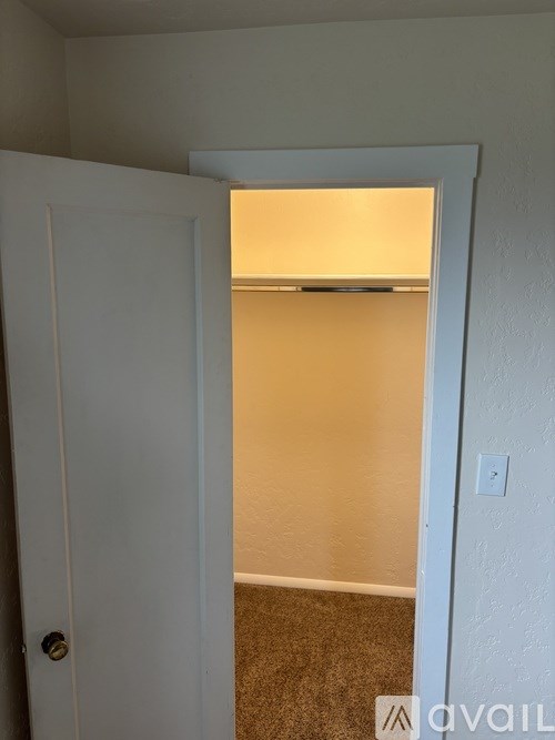 A white door with a silver handle is open to a room with a carpeted floor.