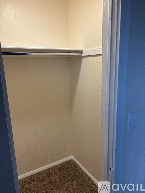 A hallway with a blue door and carpeted floor.