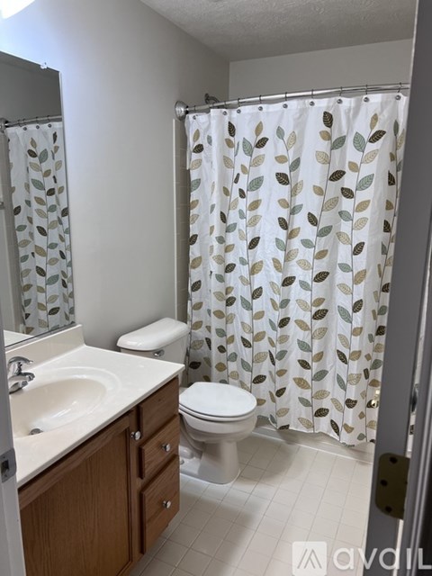 A bathroom with a sink, toilet and shower curtain.
