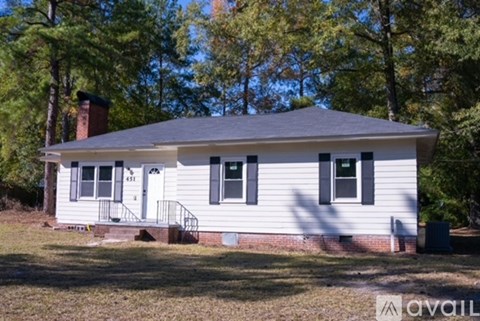 A small white house with a black roof and a chimney is surrounded by trees.