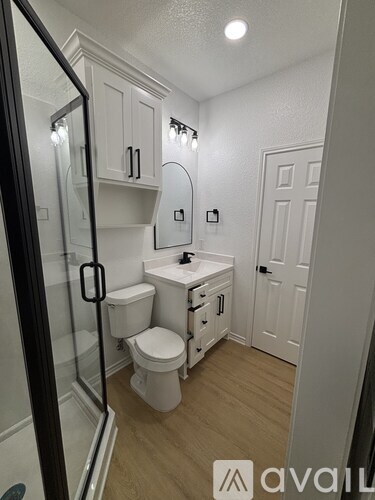A bathroom with a toilet, sink, and mirror.