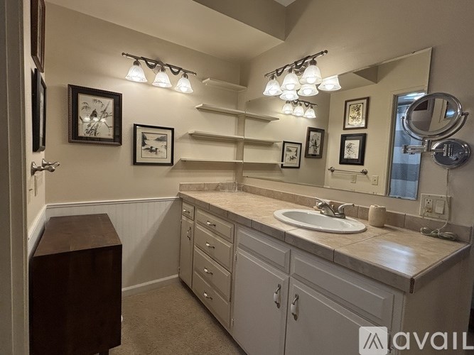 A bathroom with a sink, mirror, and lighting fixtures.