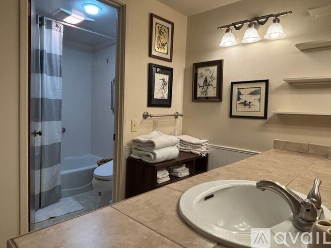 A bathroom with a sink, mirror, and towel rack.
