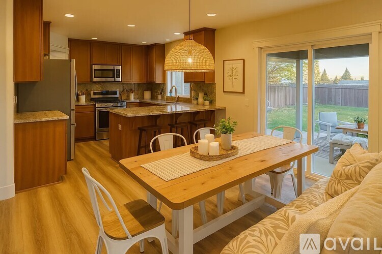 A kitchen with a table and chairs in the foreground and a couch in the background.