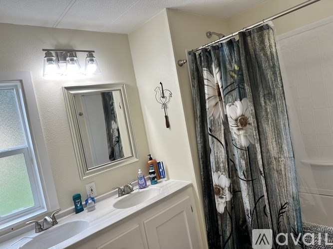 A bathroom with a white sink and a floral shower curtain.