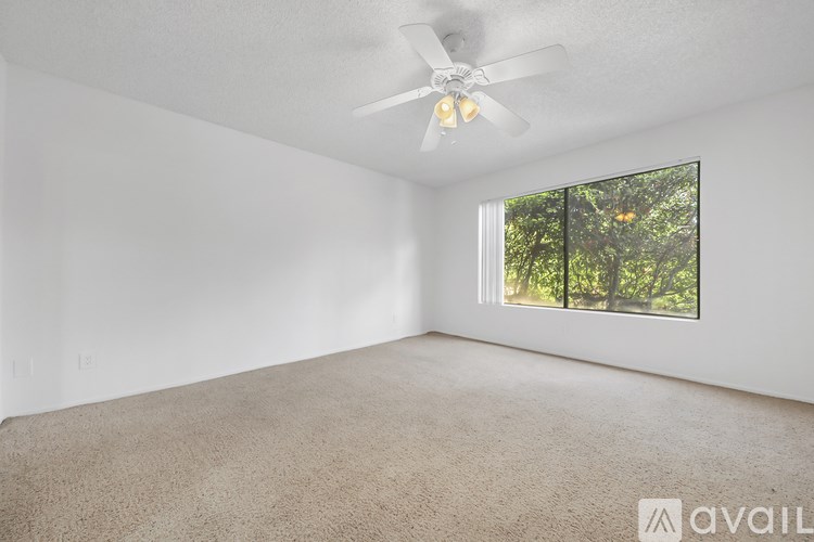 A room with a carpeted floor, a ceiling fan, and a window showing trees outside.