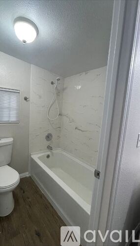A white toilet sits next to a bathtub in a bathroom.