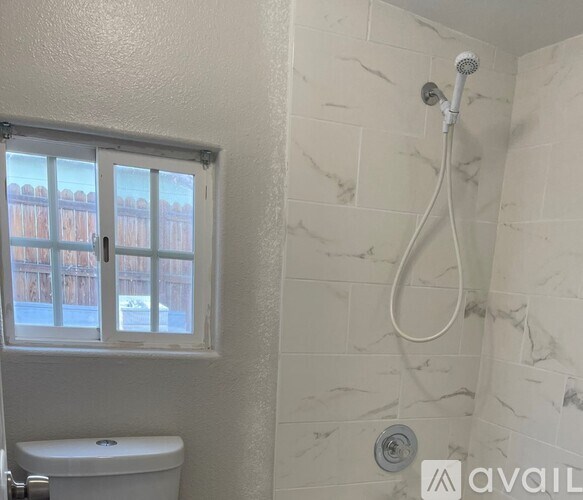 A bathroom with a toilet, a window, and a shower.
