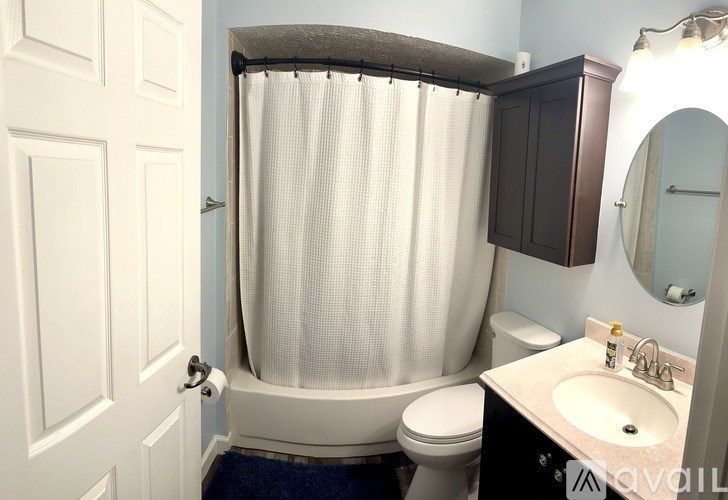 A bathroom with a toilet, sink, and shower curtain.