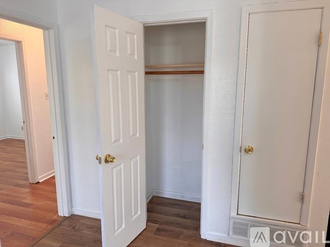 A white door with a gold handle is open to a small closet.
