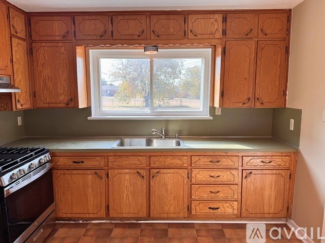 A kitchen with wooden cabinets and a window.