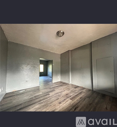 A room with wooden flooring and a ceiling light.