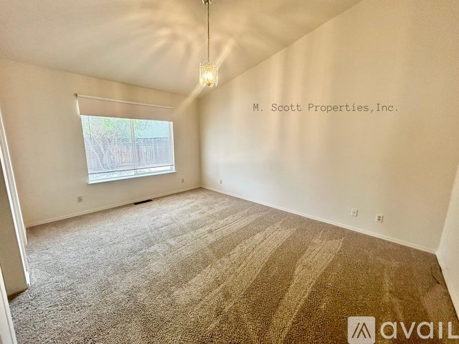 A room with carpeted floor and a window with blinds.
