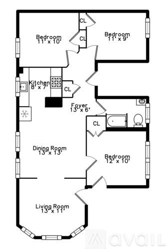 A black and white image of a floor plan for an apartment.