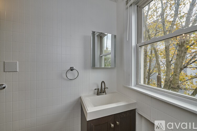 A bathroom with a white sink and a window showing trees outside.