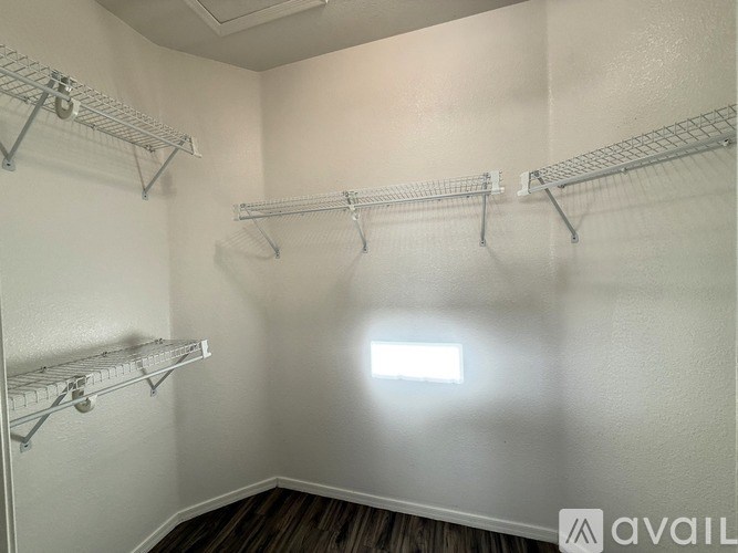 Empty walk-in closet with shelves and a window.