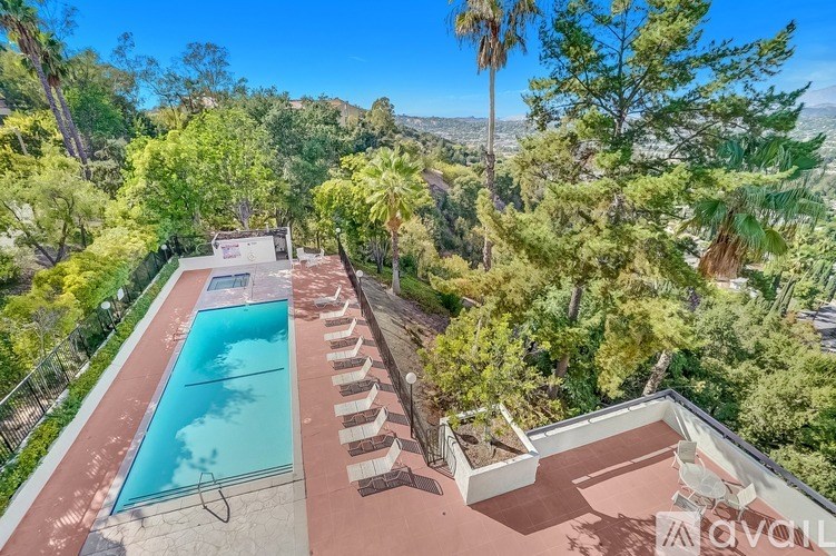 A pool surrounded by trees and a bench.