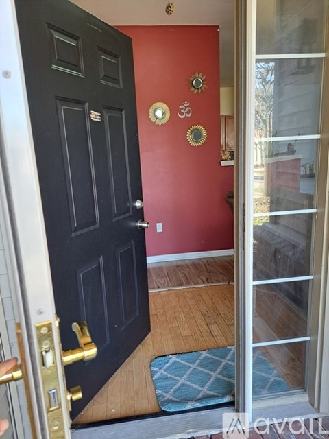 A black door with a gold handle is open to a hallway.