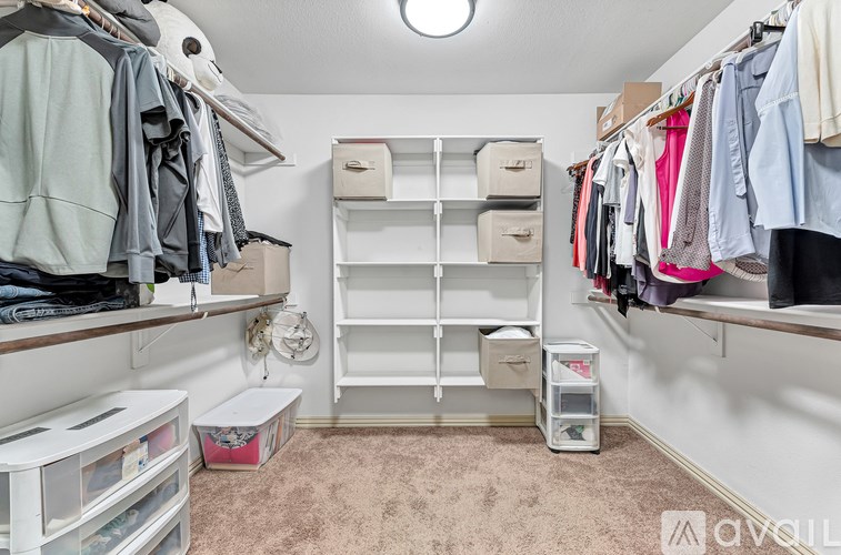 A room with a carpeted floor and a closet full of clothes.