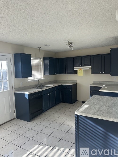 A kitchen with black cabinets and a marble counter.