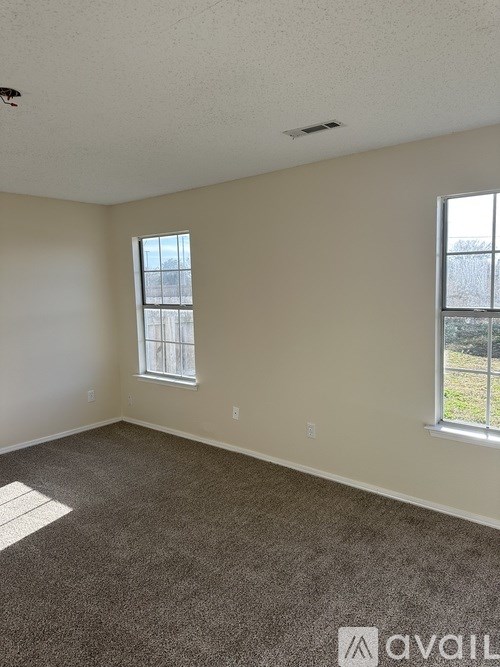 A room with a carpeted floor and two windows.