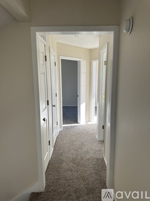 A hallway with a carpeted floor and white walls.