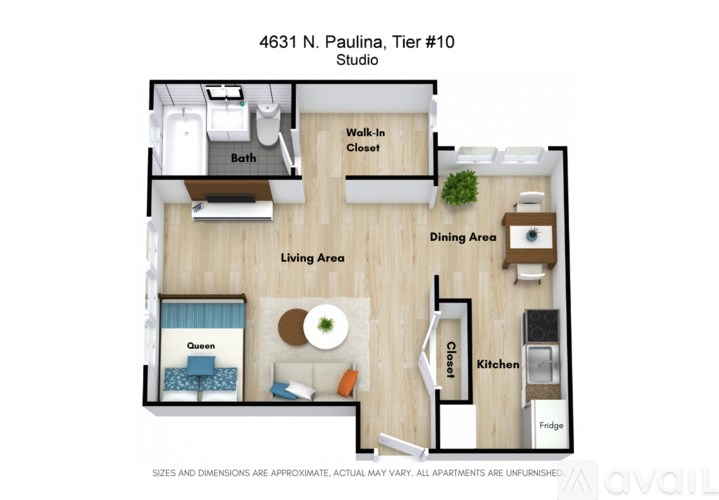 A floor plan of an apartment at 4631 N. Paulina, Tier #10 showing the layout of the living area, kitchen, dining area, bath, walk-in closet, and bedroom.