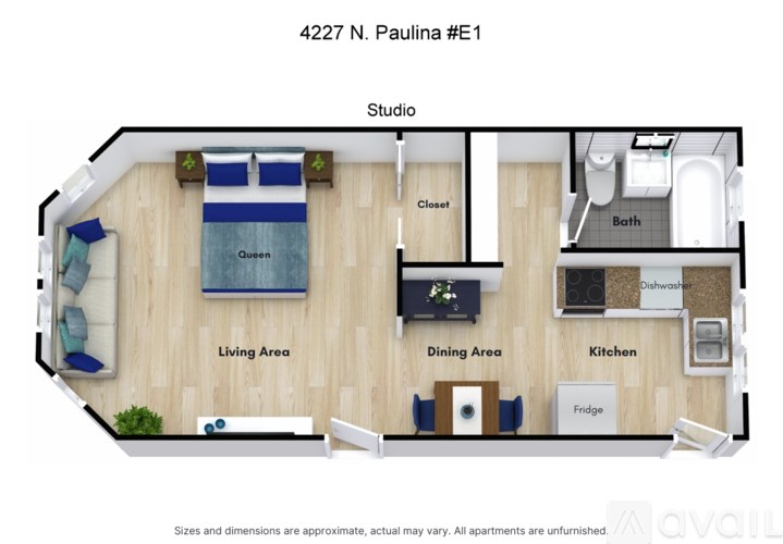 A floor plan of an apartment at 4227 N. Paulina #E1 showing the living area, dining area, kitchen, and bath.