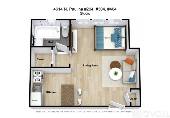 A floor plan of a studio apartment with a living area, kitchen, and bathroom.