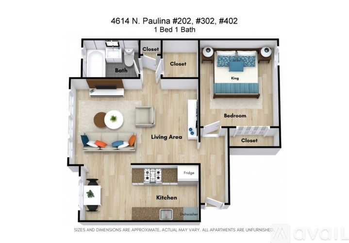 A floor plan of an apartment at 4614 N. Paulina showing a living area, kitchen, and two bedrooms.