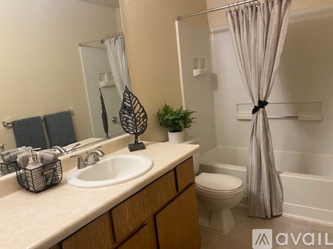 A bathroom with a white sink, toilet, and a shower with a grey curtain.