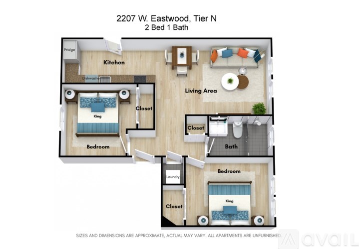 A floor plan of a 2 bedroom apartment at 2207 W. Eastwood, Tier N.