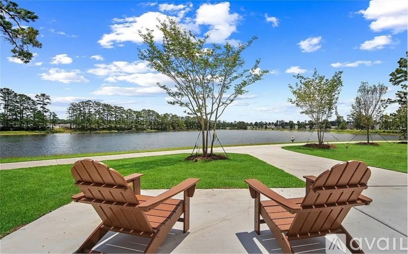 Two wooden chairs are placed on a concrete surface with a tree and a lake in the background.