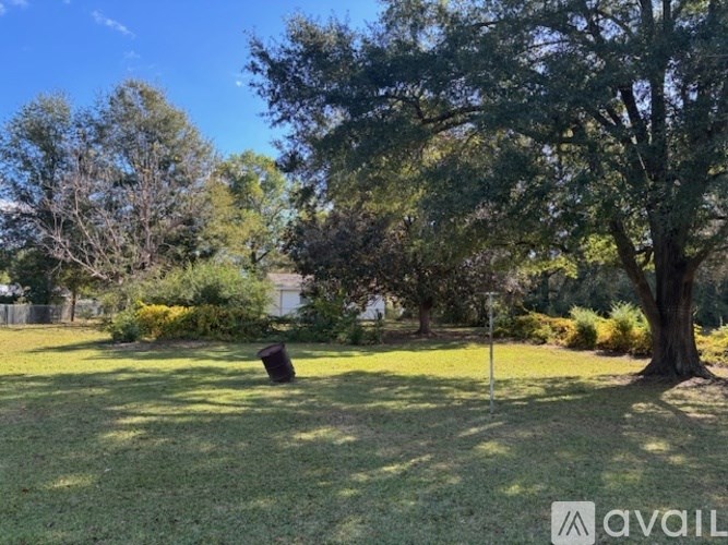 A grassy area with trees and a trash can.