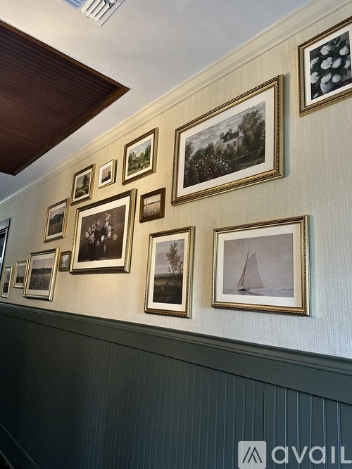 A wall of framed pictures on a wall.