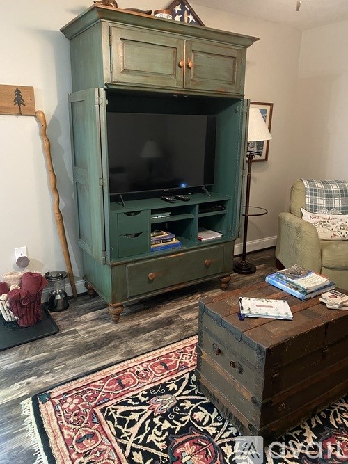 A room with a green cabinet and a rug on the floor.