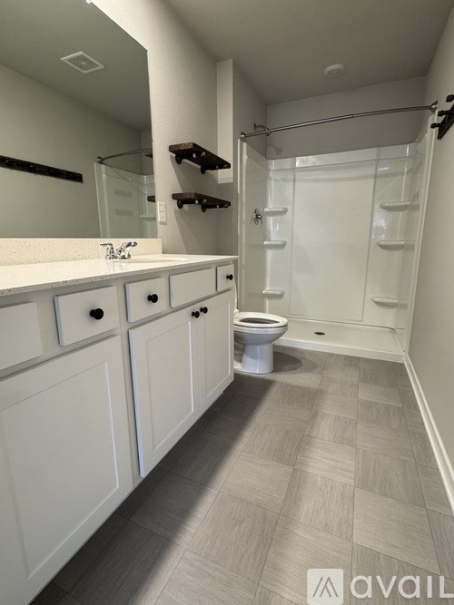 A bathroom with a toilet, sink, and walk-in shower.