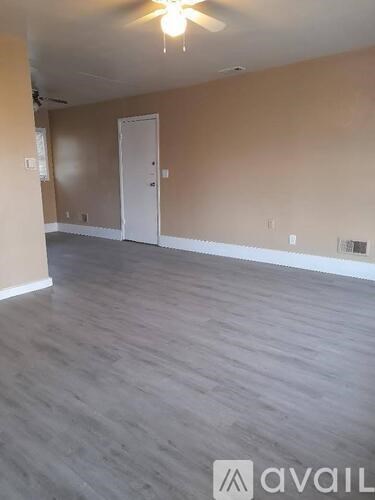 A room with a wooden floor and a white door.