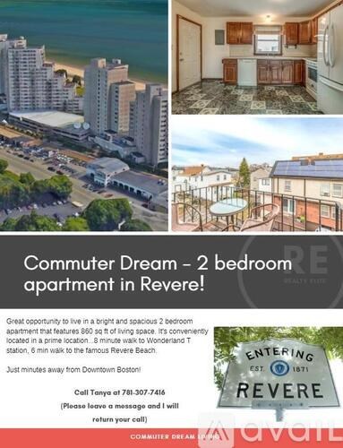 A flyer advertises a 2 bedroom apartment in Revere, with a view of the city and beach.