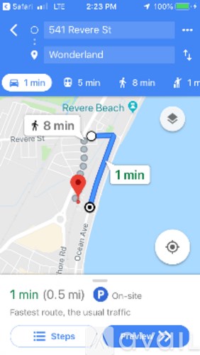 A map shows a route from 541 Revere St to Revere Beach, taking 1 minute.