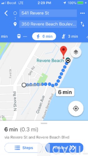 A map application on a phone screen shows a route from the current location to Revere Beach.