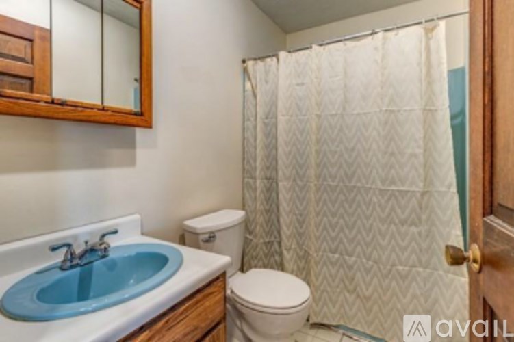 A bathroom with a blue sink, toilet, and shower curtain.
