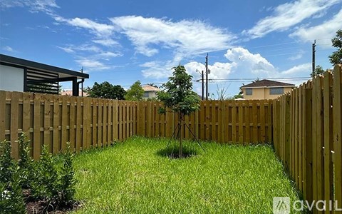 A backyard with a wooden fence and a small tree in the middle.