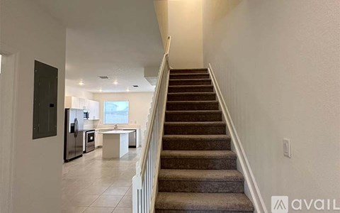 A staircase with a carpeted runner leads up to a kitchen area.