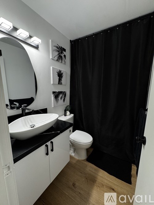 A bathroom with a black shower curtain and a white sink.