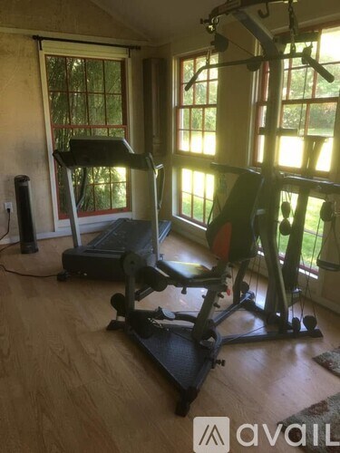A home gym with a treadmill, weights, and a bench press.