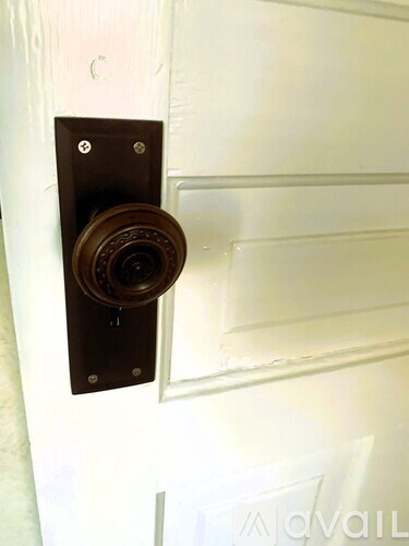 A brown door knob is on a white door.