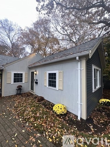 A small house with a grey roof and white siding is surrounded by fallen leaves.